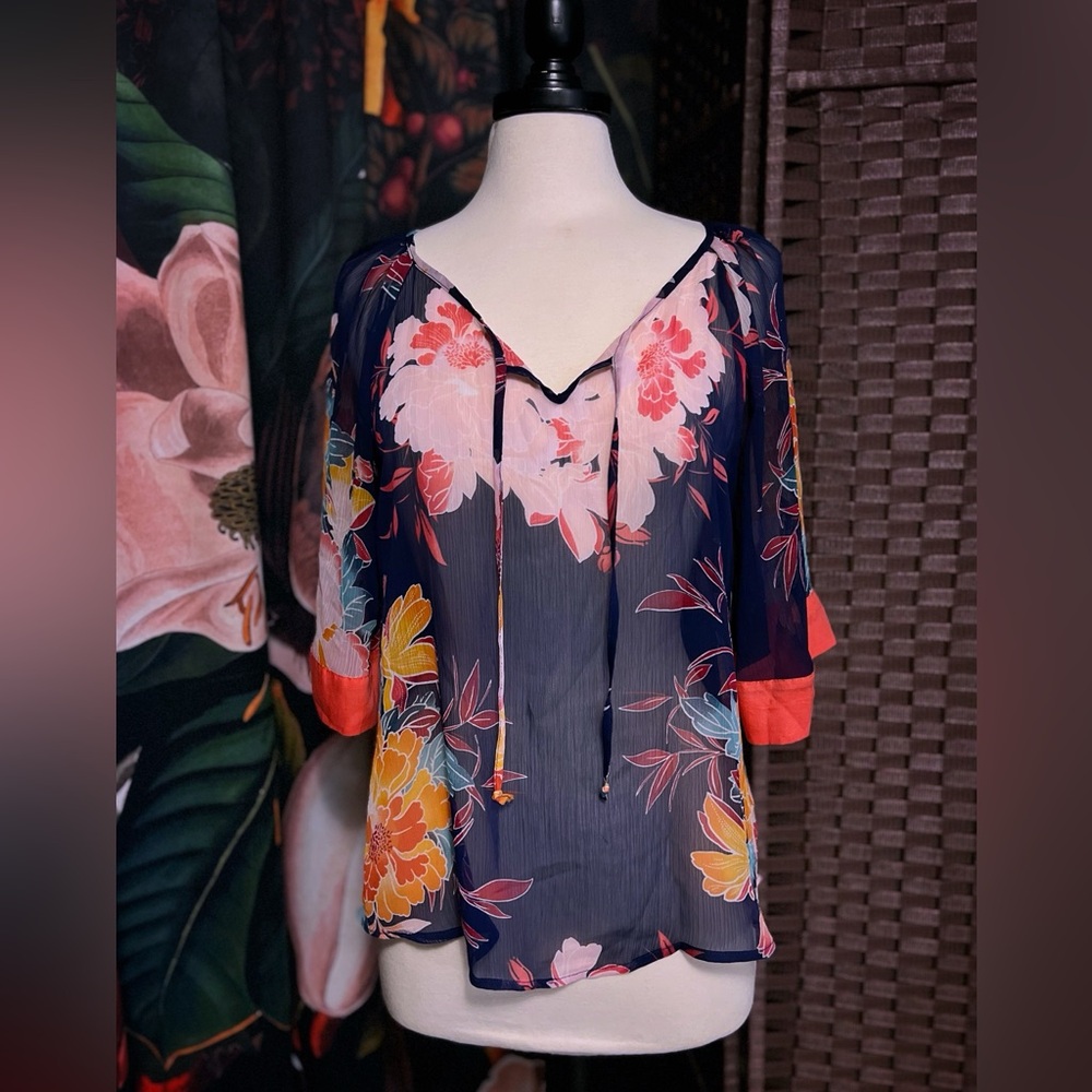 Express Sheer Floral Tie Front Blouse
